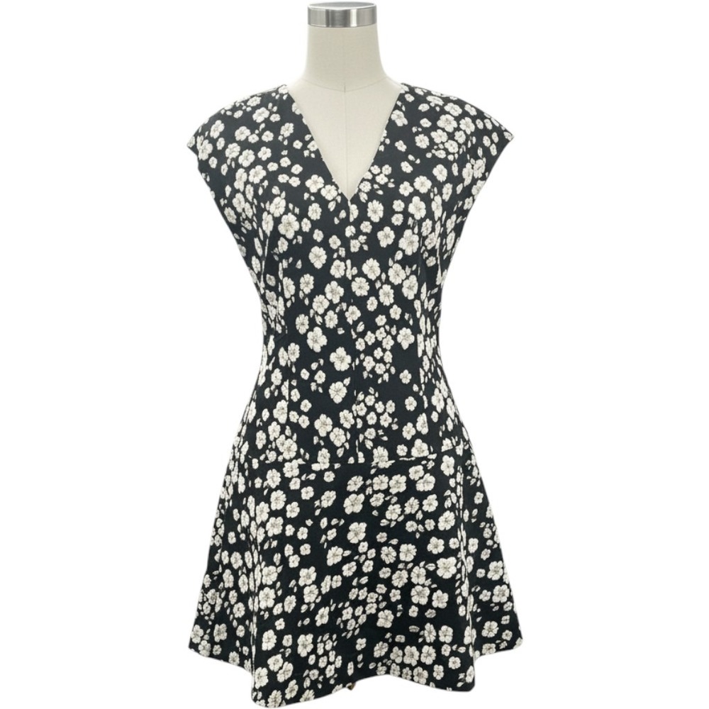 Club Monaco Dress Women's 2 Black White Floral Jacquard Fit Flare V-Neck